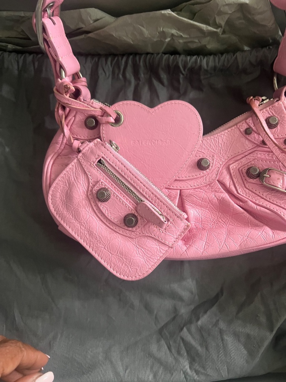 Balenciaga Pink Leather Studded Shoulder Bag with Heart Mirror Charm - Picture 4 of 10